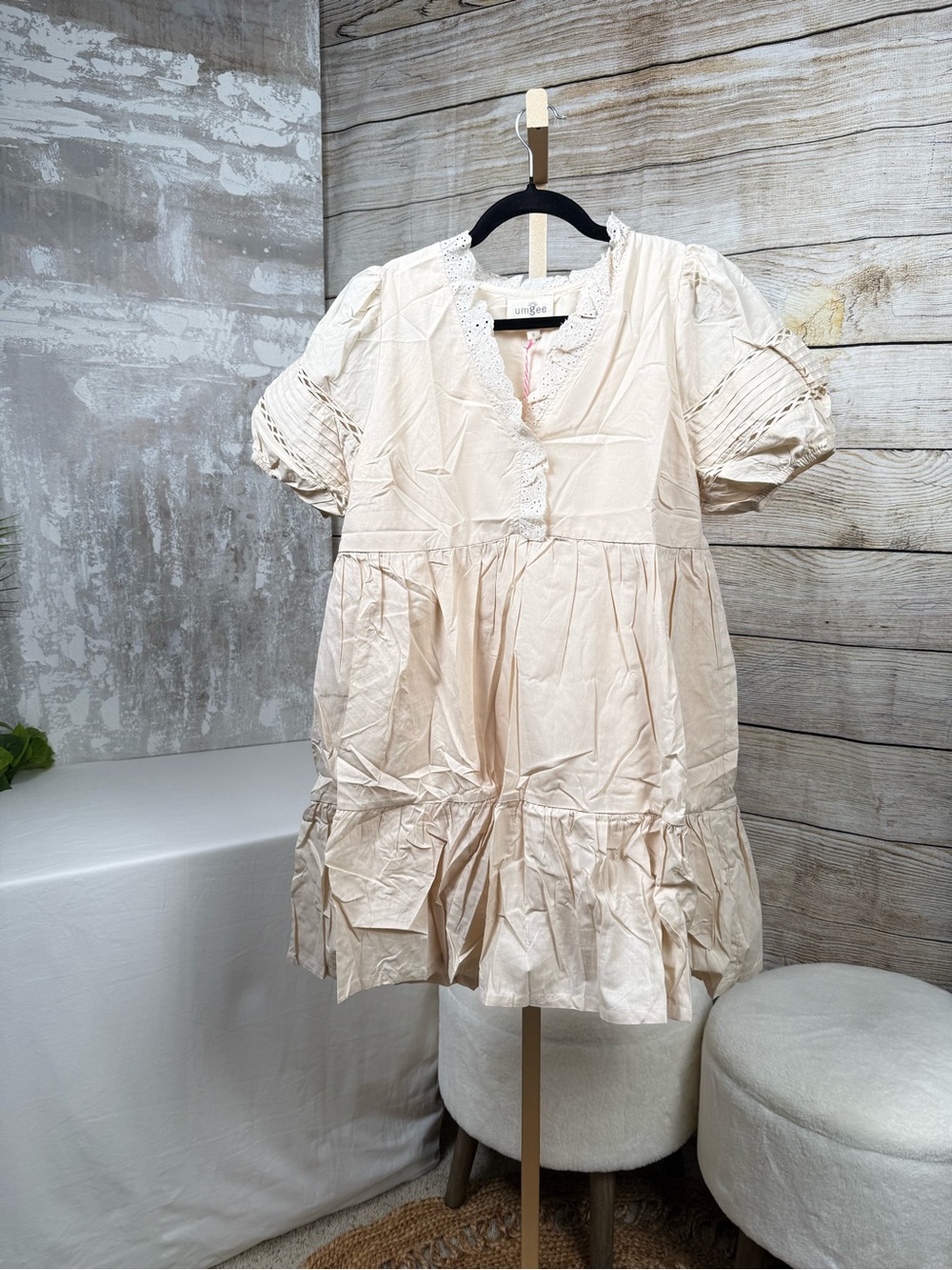 Umgee Cream Lace Trim Mini Dress Cotton Boho Neutral Babydoll NWT - Picture 7 of 10